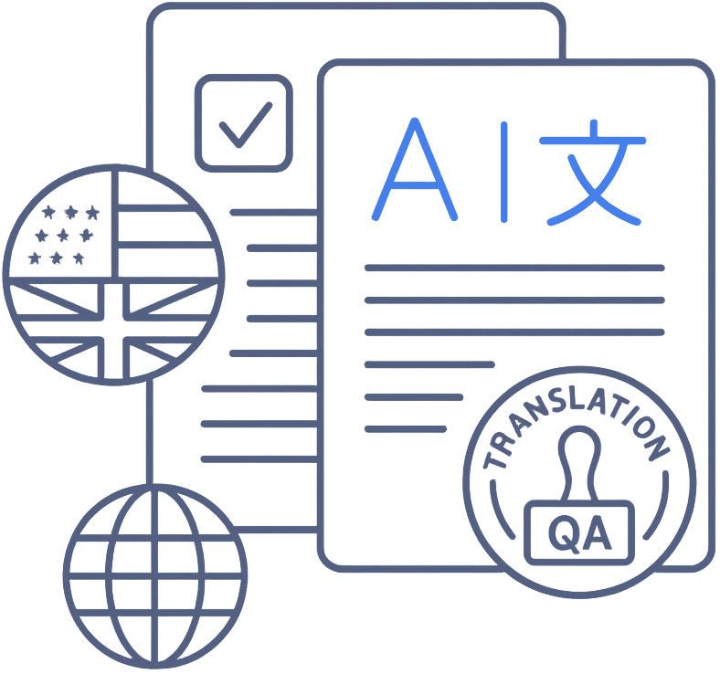 Global linguistic review with translation QA stamp, international flags, and validated documents
