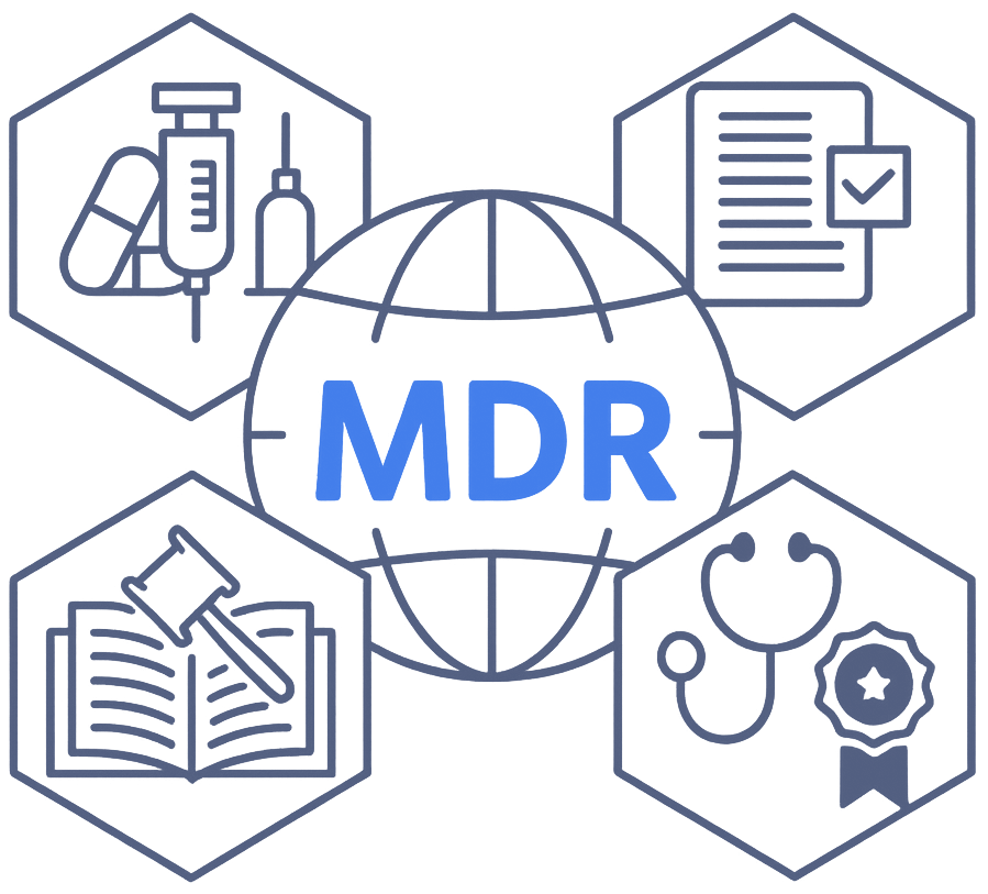 MDR-compliant medical device translation with icons for certification, global documentation, and regulatory approval